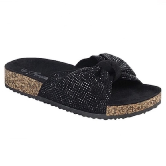 Embellished Bow Cork Slides in Black - Picture 2 of 6